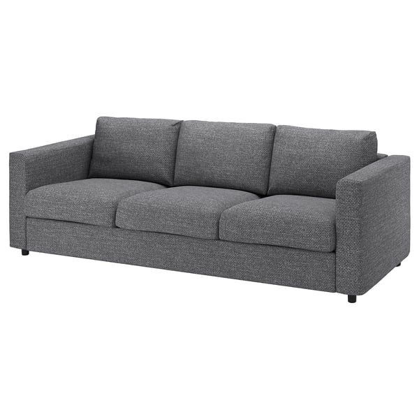 Un divano VIMLE grigio dal design moderno, caratterizzato da morbidi cuscini e da un rivestimento sfoderabile e lavabile in lavatrice.