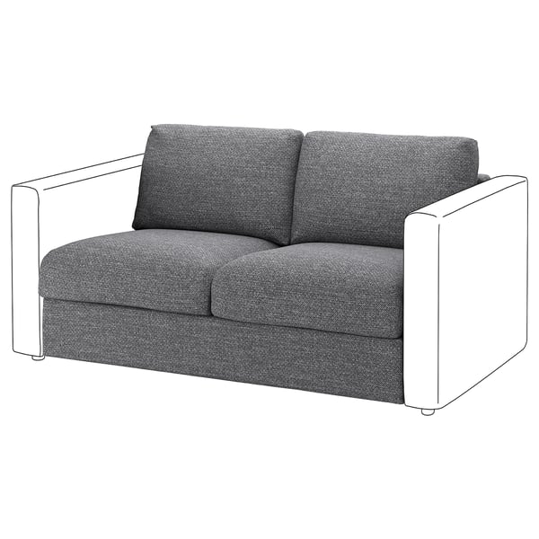 Divano VIMLE a 2 posti in tessuto tweed grigio con braccioli angolati e cuscini sfoderabili.
