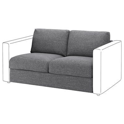 Divano VIMLE a 2 posti in tessuto tweed grigio con braccioli angolati e cuscini sfoderabili.