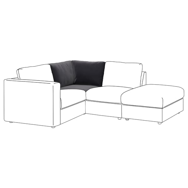 Divano componibile VIMLE in grigio scuro su sfondo bianco, design moderno con linee pulite e comodi cuscini.