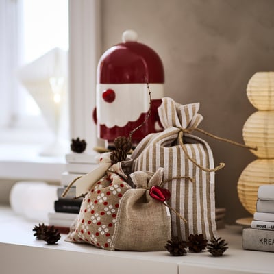 VINTERFINT Set di 3 sacchetti regalo, fantasie varie/iuta bianco