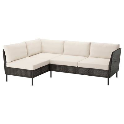 VITTSKÄR Divano angolare 3 posti componibile, da esterno plastica effetto rattan grigio scur/Frösön/Duvholmen beige