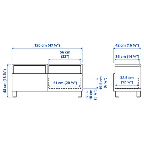 BESTÅ طاولة تلفزيون مع أدراج, أبيض/Lappviken/Stubbarp أبيض, 120x42x48 سم