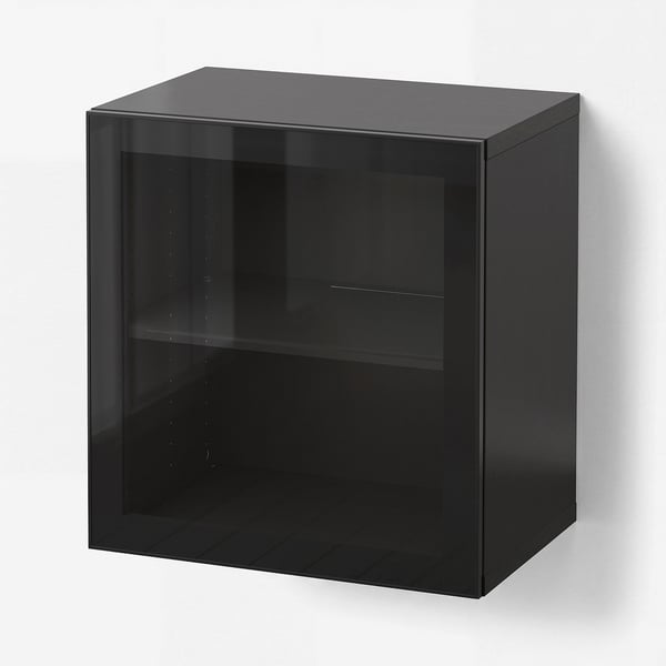 BESTÅ تشكيلة خزانة حائطية, أسود/لامع/Glassvik, 60x42x64 سم