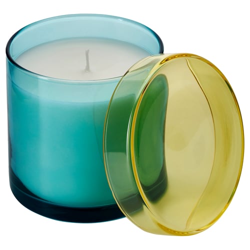 DVÄRGHÖK شمعة معطرة في كأس بغطاء, ورقة تين أزرق/أصفر فاتح, 50 س