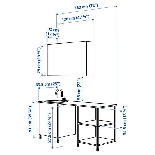 ENHET مطبخ, فحمي/أبيض, 183x63.5x222 سم