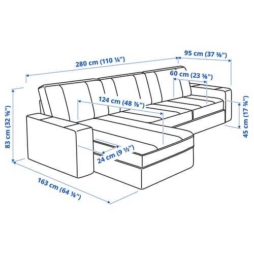 KIVIK كنبة 3 مقاعد, مع أريكة طويلة/Grann/Bomstad أسود