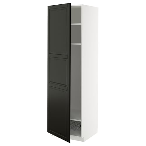 METOD خزانة عالية مع أرفف/سلة سلكية, أبيض/Bodbyn أسود, 60x60x200 سم