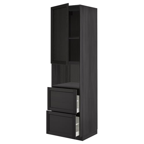 METOD / MAXIMERA خزانة عالية لميكروويف مع باب/درجين, أسود/Lerhyttan أسود, 60x60x220 سم