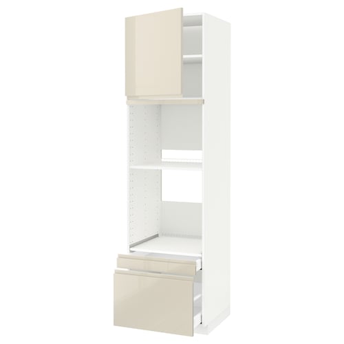 METOD / MAXIMERA خزانة عالية لفرن/فرن مع ب./2 د., أبيض/Voxtorp بيج فاتح لامع, 60x60x220 سم