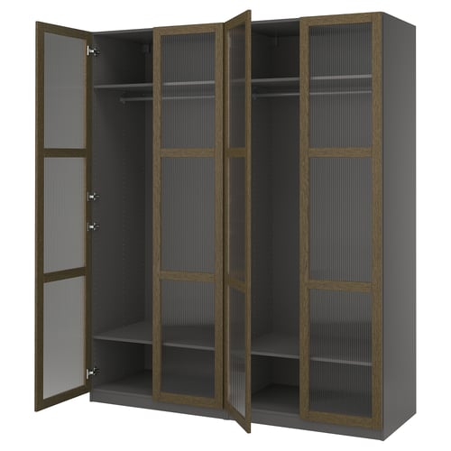 PAX / TONSTAD تشكيلة دولاب ملابس., رمادي غامق بني/قشرة سنديان مصبوغ زجاج, 200x60x236 سم