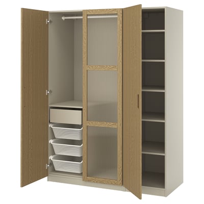 PAX / TONSTAD تشكيلة دولاب ملابس., رمادي-بيج/قشرة سنديان زجاج, 150x60x201 سم