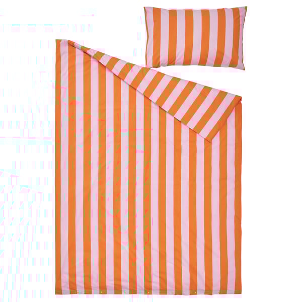 SLÅNHÖSTMAL غطاء لحاف و غطاء مخدة, orange/pink/مخطط, 150x200/50x80 سم