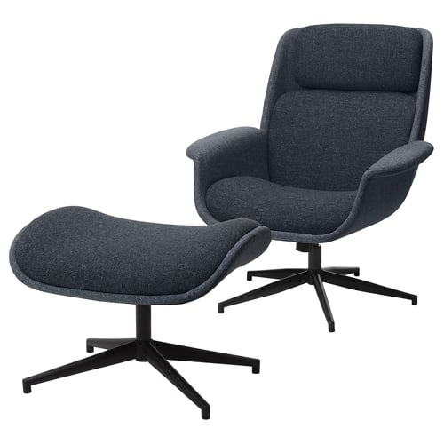 ÄLEBY grey swivel chair & footstool, modern design, black metal base, cosy & ergonomic.