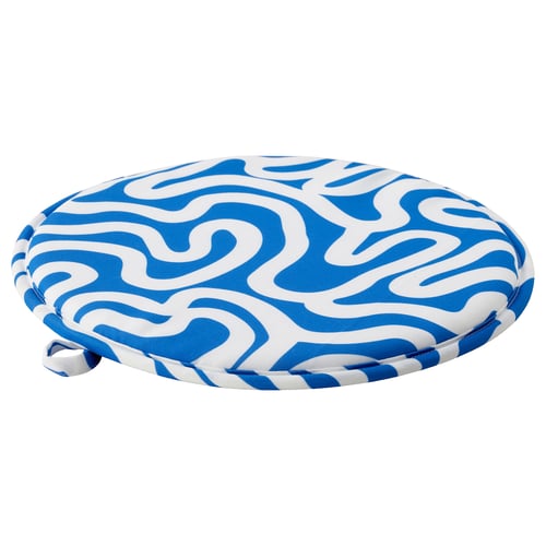 Blue & white swirled round chair pad, recycled polyester.