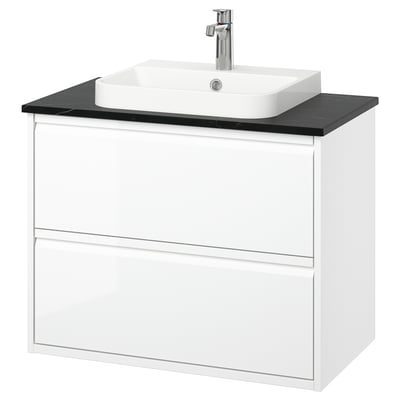ÄNGSJÖN / BACKSJÖN Wash-stnd w drawers/wash-basin/tap, high-gloss white/black marble effect, 82x49x71 cm