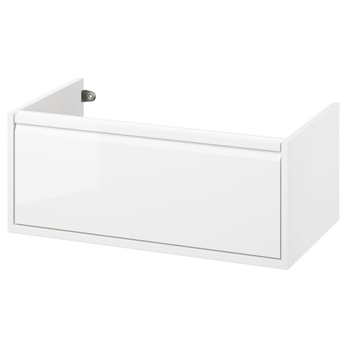 ÄNGSJÖN white bathroom drawer unit. Modern, minimalist design with integrated handles and full drawer.