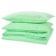 A neatly folded stack of light green cotton duvet cover and pillowcases. Soft, natural fabric, rectangular shape, and simple envelope closure design.