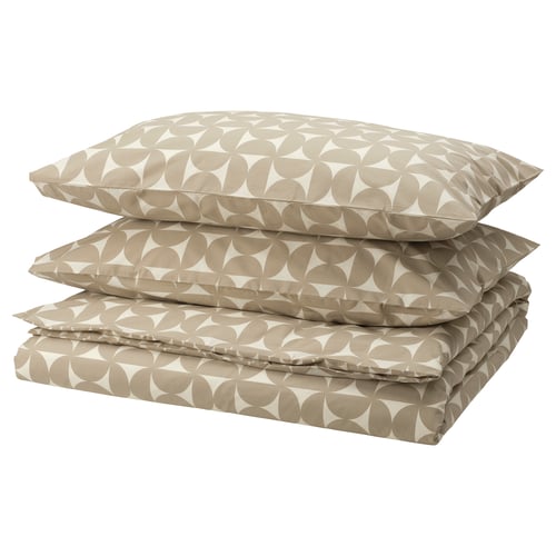 ÄNGSNEJLIKA bedding set in grey-beige, featuring geometric patterns and 80% cotton, 20% viscose; includes duvet and pillowcases.