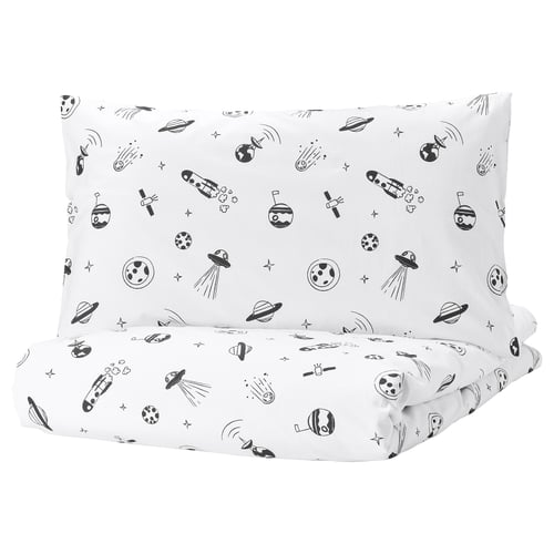 AFTONSPARV duvet cover, white with black space-themed designs, rectangular shape.