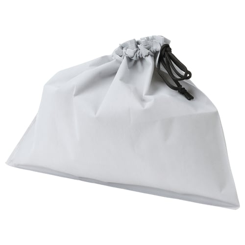 A white, compact AJÖSS waste sorting bag. Made of polypropylene, it has a drawstring closure for easy transport and recycling.