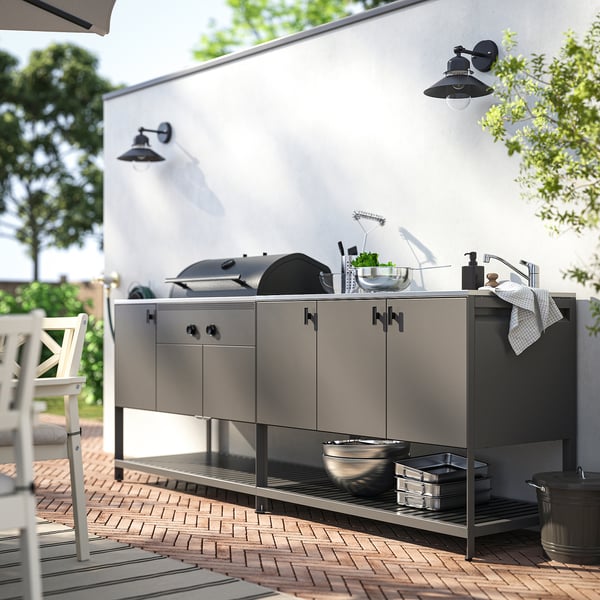 BÅTSKÄR Outdoor ktchn w chrcl bbq+sink unit, dark grey, 240x60 cm