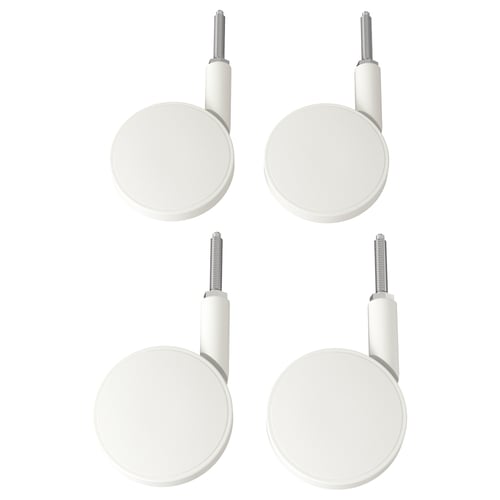 Four white BEKANT castors, each featuring a threaded pin, steel base, and rubber-coated wheels, arranged in a square.