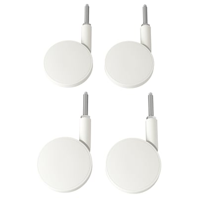 Four white BEKANT castors, each featuring a threaded pin, steel base, and rubber-coated wheels, arranged in a square.