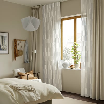BERGNEJLIKA Net curtains, 1 pair, white/with heading tape, 145x300 cm