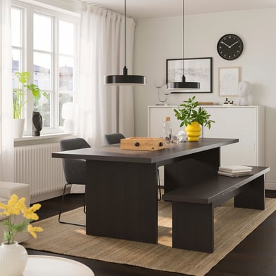 BERGSHYTTAN / TOSSBERG Table with 2 chairs and bench, dark brown ash veneer/Gunnared dark grey black, 240x93 cm