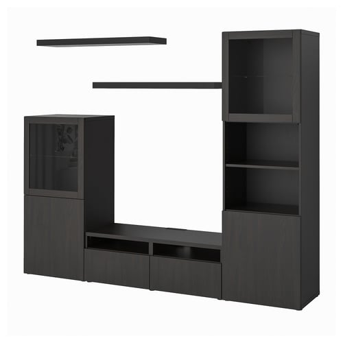 Black BESTÅ entertainment centre. Tv bench, wall shelves, glass cabinets. Modern, sleek design. Perfect for living rooms.