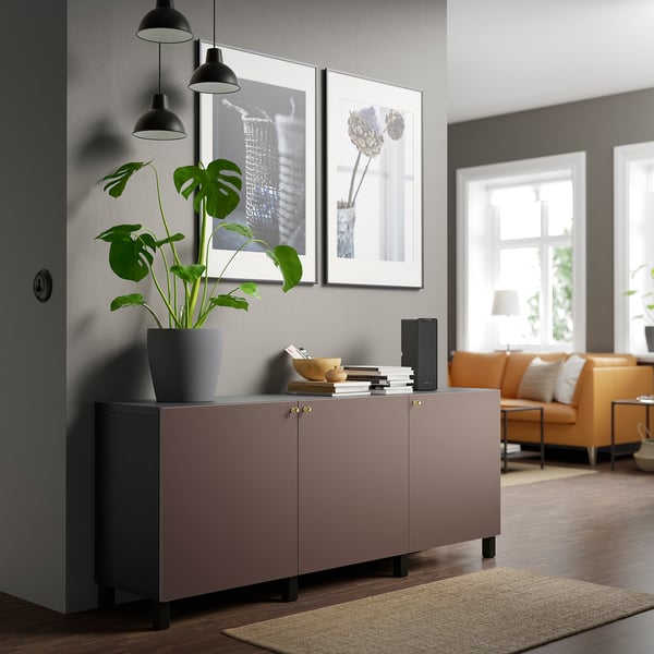 BESTÅ Storage combination with doors, black-brown/Hjortviken/Stubbarp brown, 180x42x74 cm