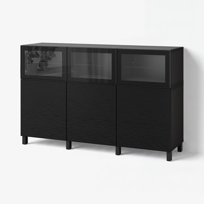 BESTÅ Storage combination with doors, black-brown Laxviken/black clear glass, 180x42x112 cm