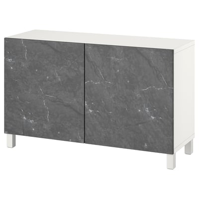 BESTÅ Storage combination with doors, white Bergsviken/Stubbarp/black marble effect, 120x42x74 cm