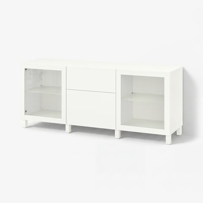 BESTÅ Storage combination with drawers, white Lappviken/Sindvik/Stubbarp white clear glass, 180x42x74 cm