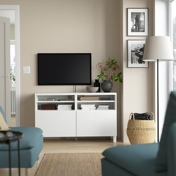 BESTÅ TV bench with doors, white/Timmerviken/Stubbarp white, 120x42x74 cm