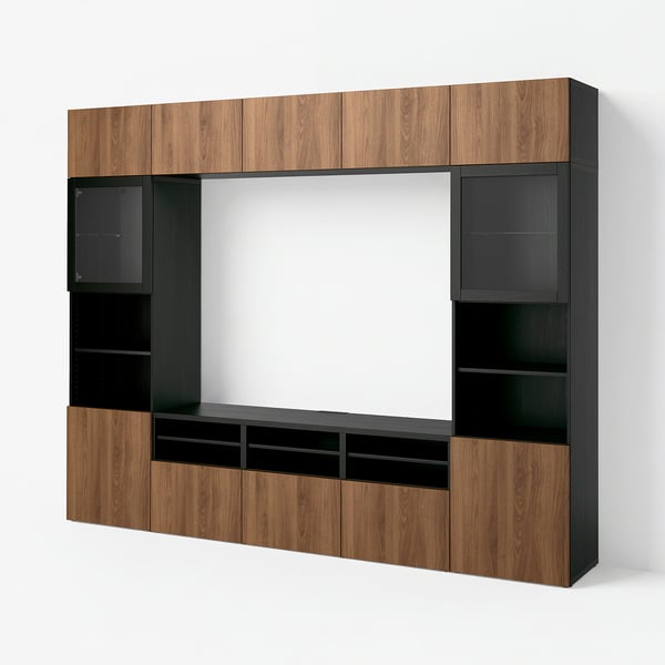 BESTÅ TV storage combination/glass doors, black-brown Lappviken/brown walnut effect, 300x42x231 cm