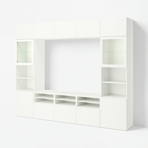 BESTÅ TV storage combination/glass doors, white/Förvaltare white, 300x42x231 cm
