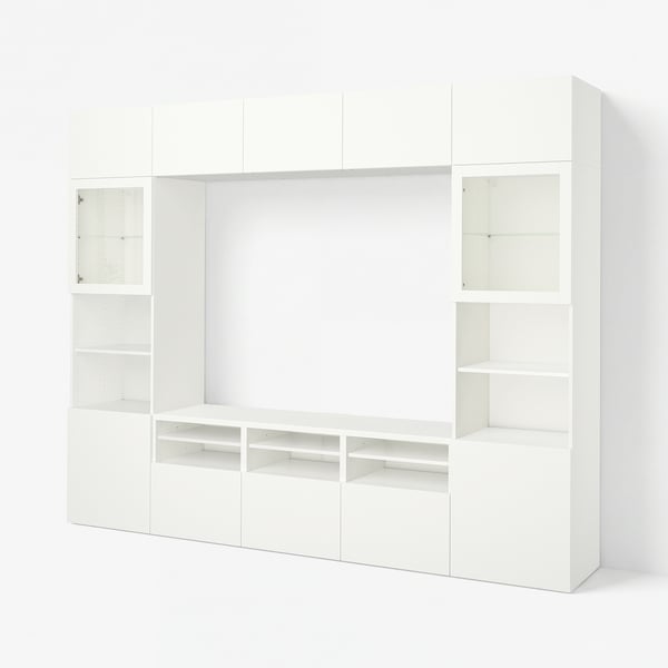 BESTÅ TV storage combination/glass doors, white/Lappviken white clear glass, 300x42x231 cm