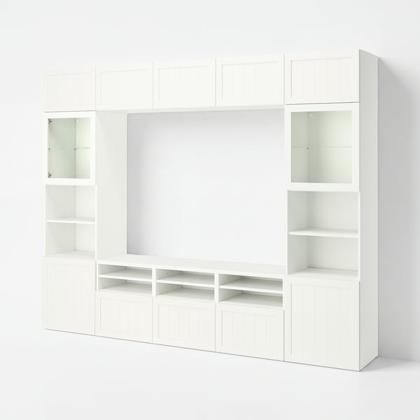 BESTÅ TV storage combination/glass doors, white/Pipmakare white, 300x42x231 cm