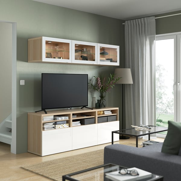 BESTÅ TV storage combination/glass doors, white stained oak effect/Selsviken high-gloss/white clear glass, 180x42x192 cm