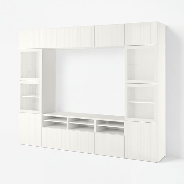 BESTÅ TV storage combination/glass doors, white Sutterviken/Sindvik white clear glass, 300x42x231 cm