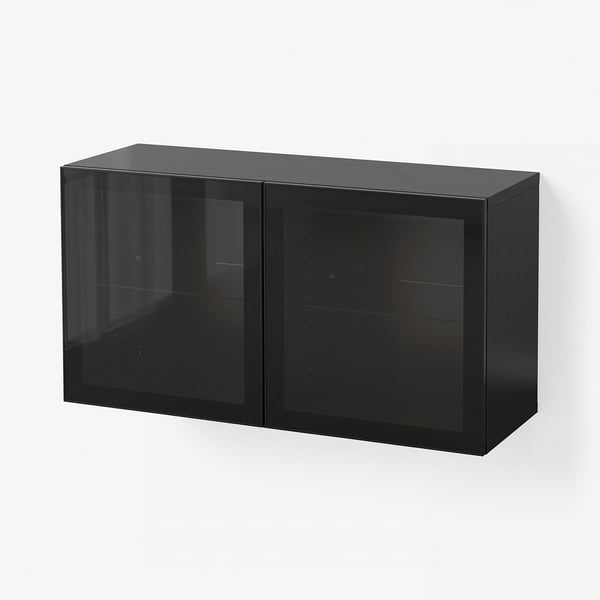 BESTÅ Wall-mounted cabinet combination, black-brown Glassvik/black clear glass, 120x42x64 cm