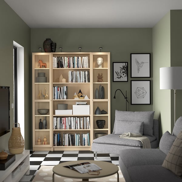 BILLY / OXBERG Bookcase combination w glass doors, birch effect, 160x202 cm