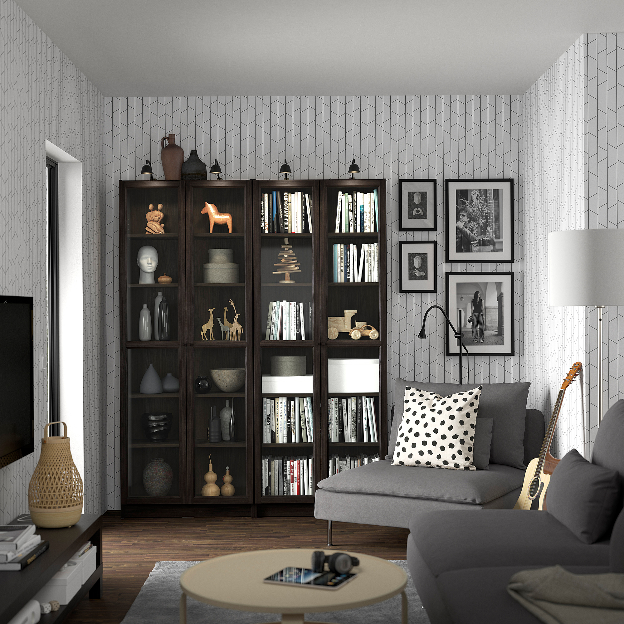 BILLY / OXBERG Bookcase combination w glass doors, dark brown oak effect, 160x202 cm