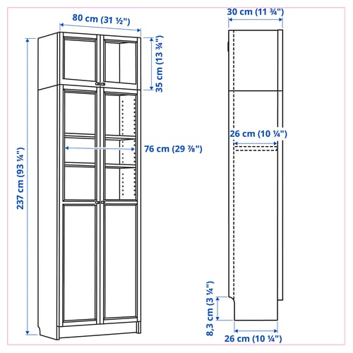 Illustration with measurements for the product: BILLY.