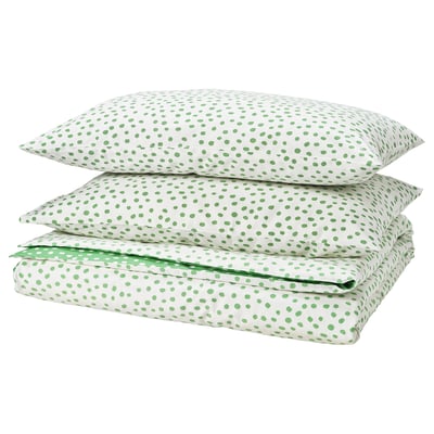 BJÖRKGRÅMAL Duvet cover and 2 pillowcases, green white/dotted, 240x220/50x80 cm