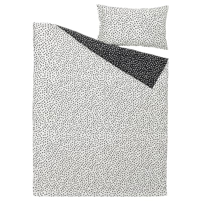 BJÖRKGRÅMAL duvet set, black & white polka dots, soft cotton/viscose, rectangle shape, simple stylish design.