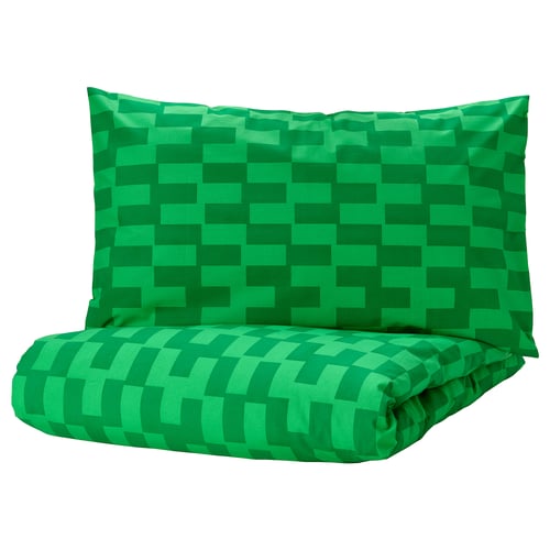 Green pixelated duvet & pillow set, soft cotton-viscose, chequered pattern.