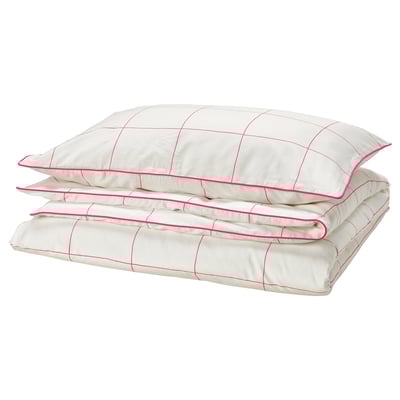 BREDVECKLARE Duvet cover and pillowcase, white pink/check, 150x200/50x80 cm